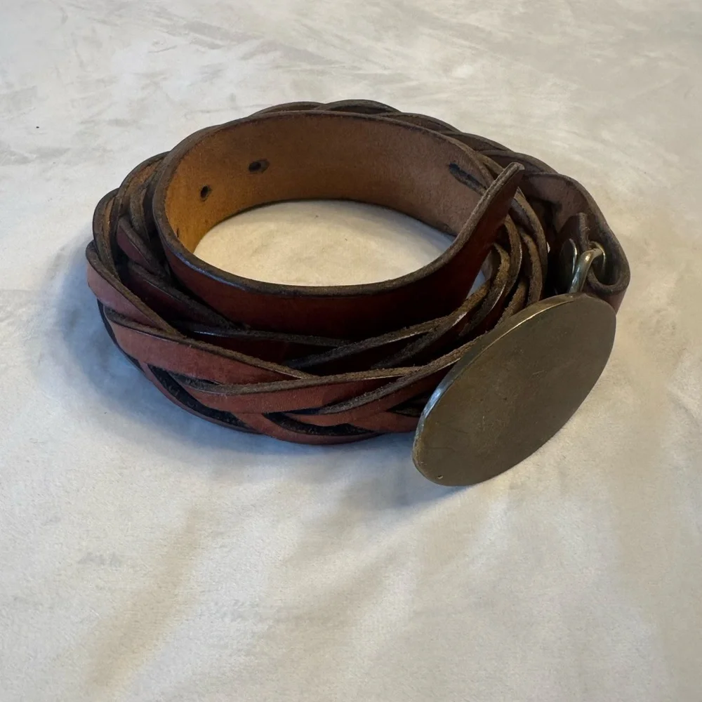 VTG! BTS Solid Brass! Braided Brown Leather Belt w/ Solid Brass Oval Buckle